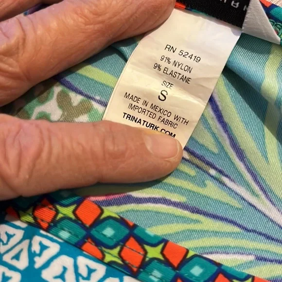 Trina Turk unique sleeved olive green/cranberry/ orange multi-colored top. Sm. - Picture 11 of 11